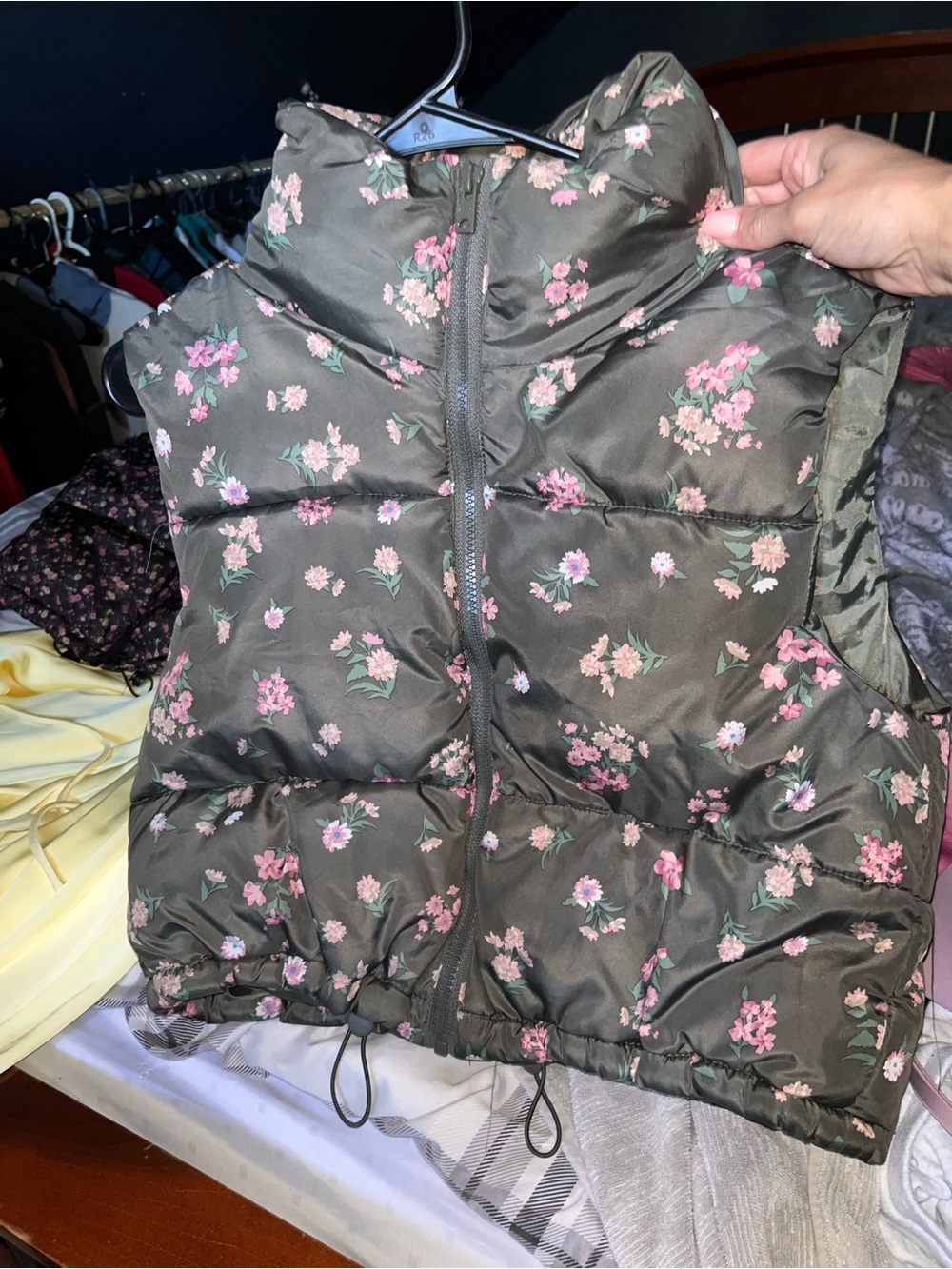 Aeropostale Olive Green Floral Puffer Vest with Pink Flowers